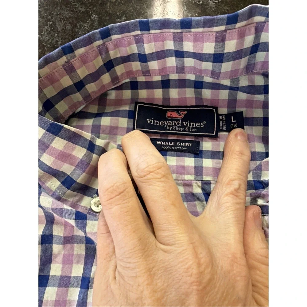 Vineyard Vines Whale Shirt Youth L Sz 16 Purple Check‎ Gingham Button Up Down